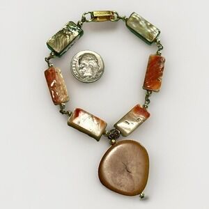 Vintage Celebrity Link Bracelet Polished Abalone & Coral Shell w Tagua Nut Charm